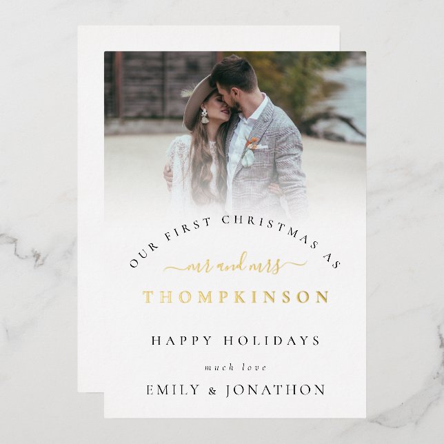 Modern Photo Overlay First Married Christmas  Foil Holiday Card (Front/Back)