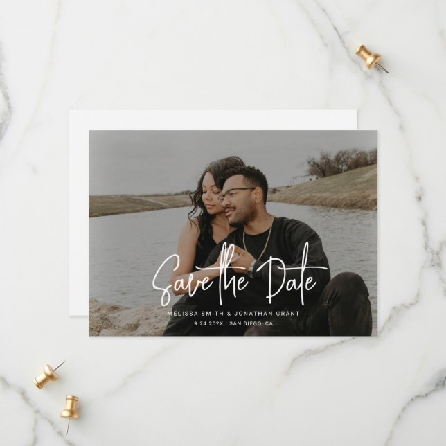 Modern Photo Overlay Handwriting Script Wedding Save The Date (Front/Back In Situ)