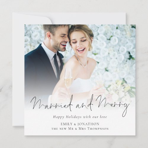 Modern Photo Overlay Married and Merry Christmas Holiday Card