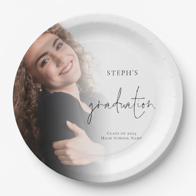 Modern Photo Overlay Name 2024 Graduation Party Paper Plates (Front)