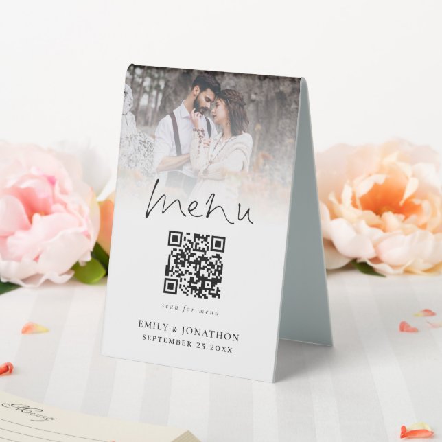 Modern Photo Overlay Qr Code Menu Wedding Table Tent (In SItu (Wedding))
