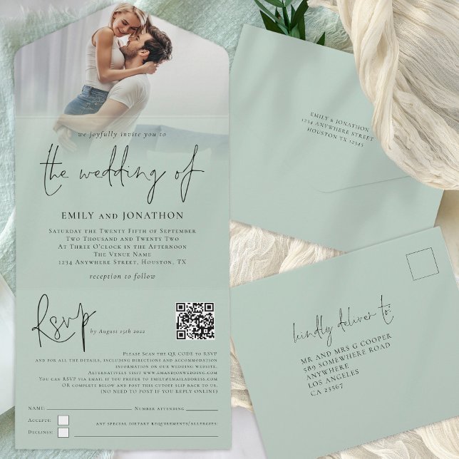 Modern Photo Overlay QR Code Sage Script Wedding All In One Invitation (All in one with your recipients' names and addresses)