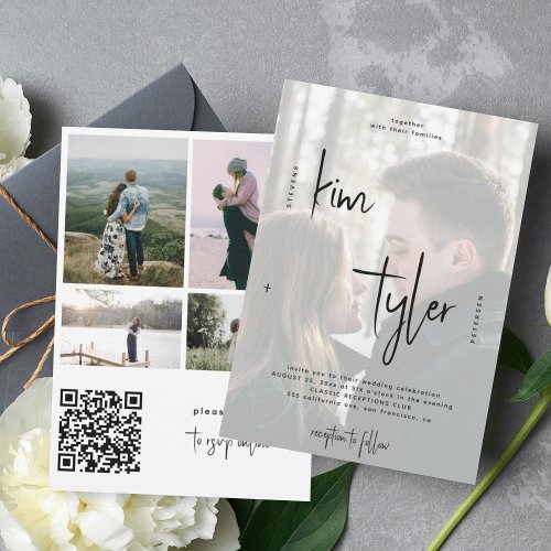 Modern photo overlay QR CODE script names wedding Invitation