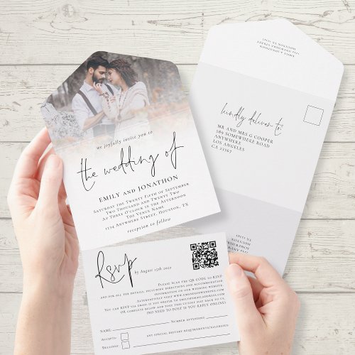 Modern Photo Overlay QR Code Script Wedding All In One Invitation