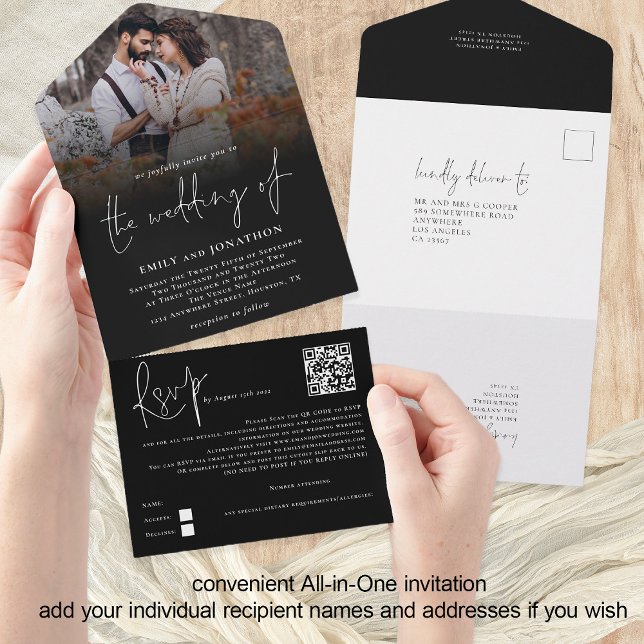 Modern Photo Overlay QR Code Script Wedding Black All In One Invitation (All in one Wedding Invitation tear off rsvp or reply via QR code. Recipient Name & Address)