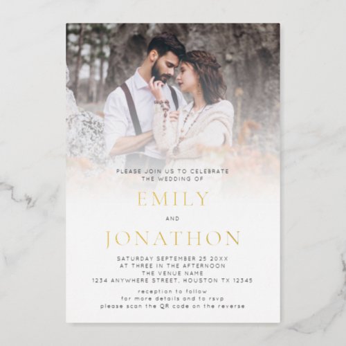 Modern Photo Overlay QR Code Wedding Luxury Real Foil Invitation