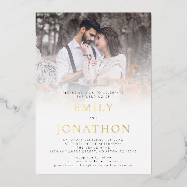 Modern Photo Overlay QR Code Wedding Luxury Real Foil Invitation (Front)