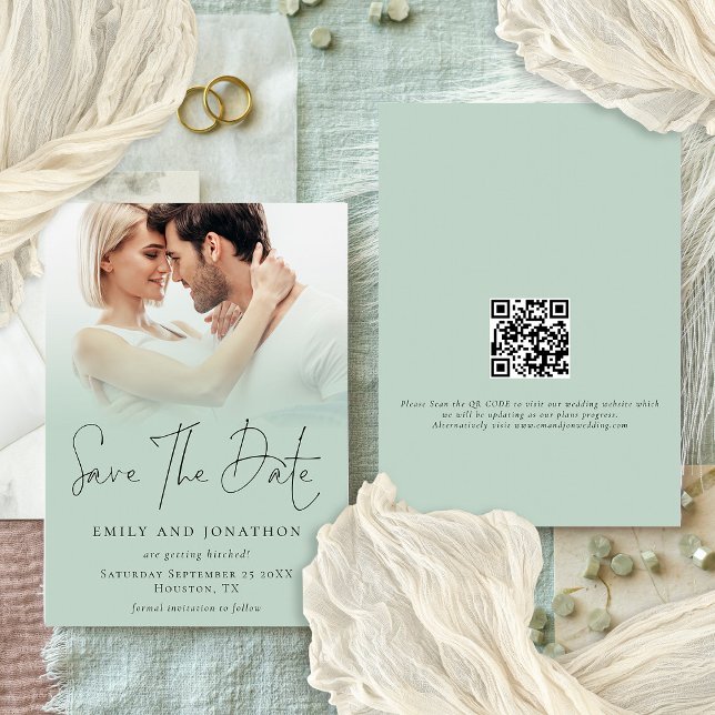 Modern Photo Overlay QR Sage Green Script Wedding Save The Date (Front and back view)