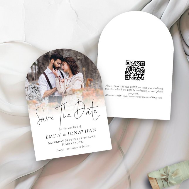 Modern Photo Overlay QR Script Wedding Arch Save The Date (front and back view)