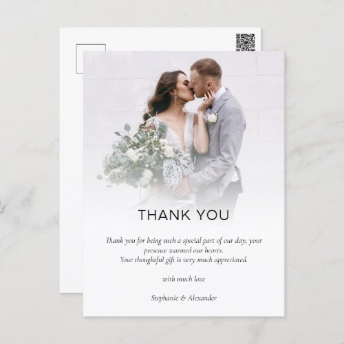 Modern Photo Overlay QR Wedding Thank You Postcard