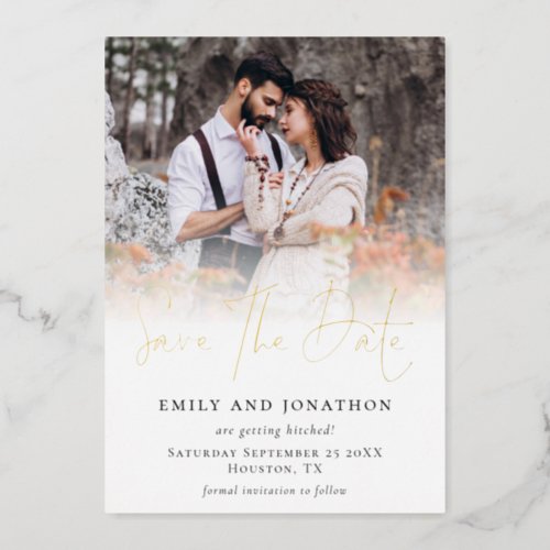 Modern Photo Overlay Real Foil Save The Date card