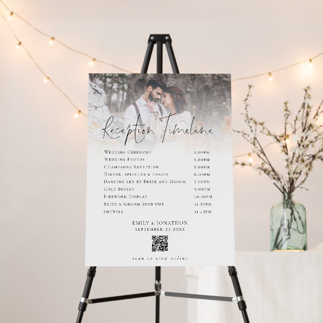 Modern Photo Overlay Reception Timeline QR Code Foam Board (In Situ (Stand))