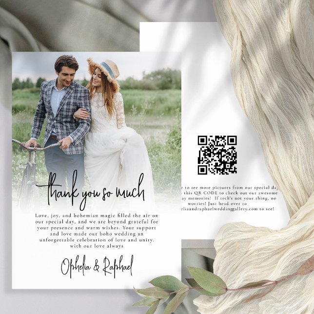 Modern Photo Overlay Script Boho Wedding Thank You Card (Front and back view)