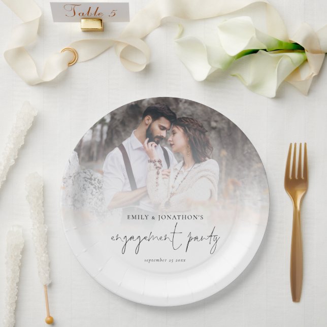 Modern Photo Overlay Script Engagement Party Paper Plates (Wedding)