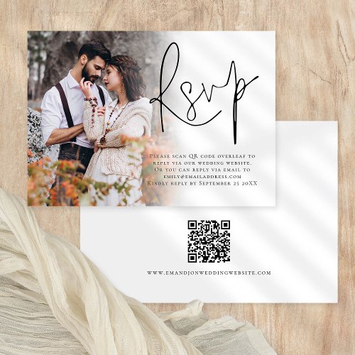 Modern Photo Overlay Script QR Code Weddingg RSVP Card