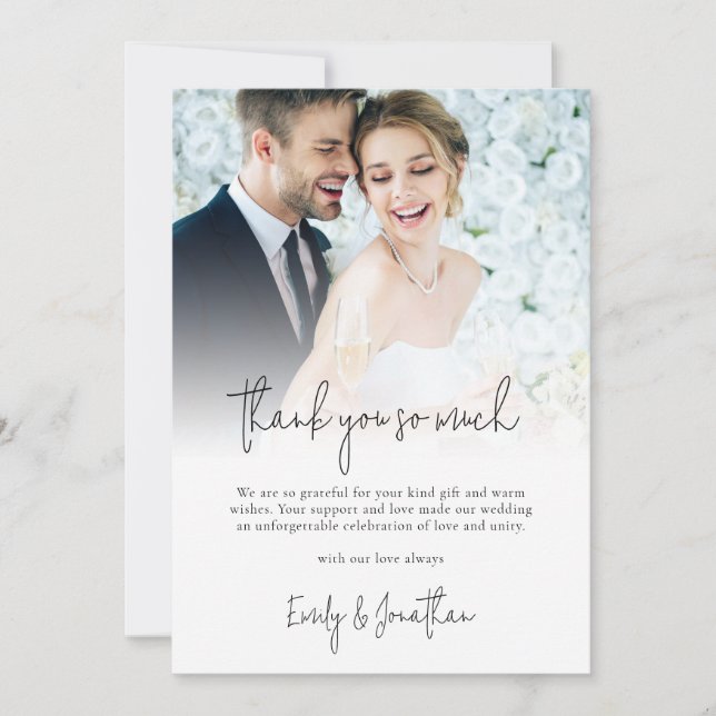 Modern Photo Overlay Script Wedding Thank You Card (Front)