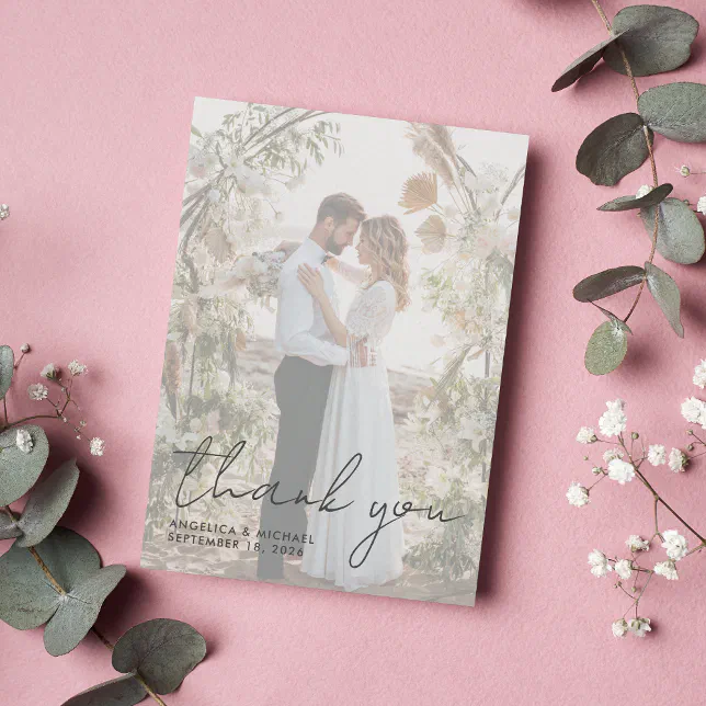 Modern Photo Overlay Script Wedding Thank You Note Card | Zazzle