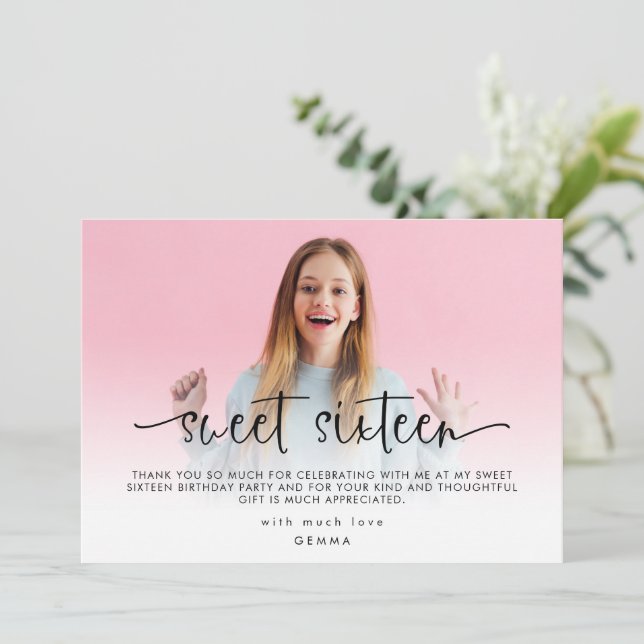 Modern Photo Overlay Sweet Sixteen Thank You Card (Standing Front)