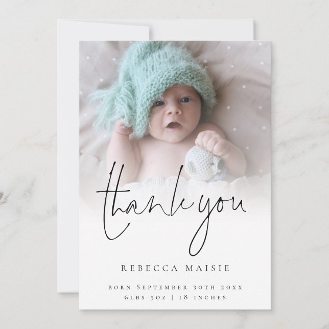 Modern Photo Overlay Thank You Birth Announcement (Front)