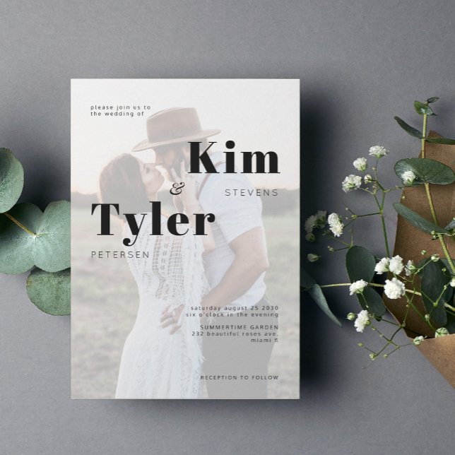 Modern photo overlay typography wedding invitation (Creator Uploaded)