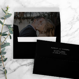 Modern photo overlay wedding return address black envelope