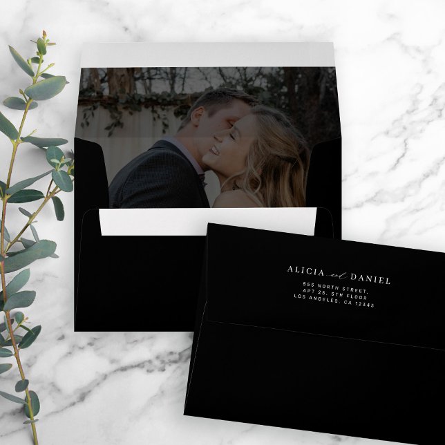 Modern photo overlay wedding return address black envelope (Creator Uploaded)