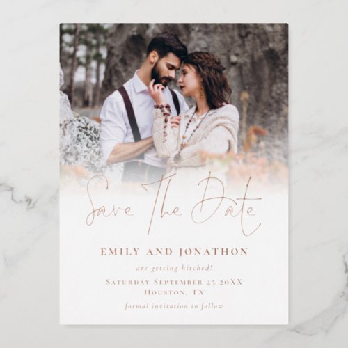 Modern Photo Overlay Wedding Save The Date Foil  Foil Holiday Postcard