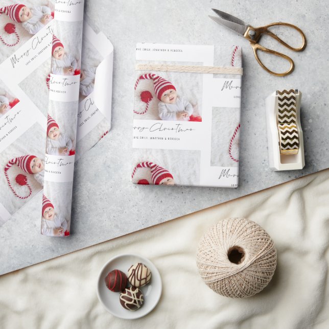 Modern Photo Pattern Name Script Merry Christmas Wrapping Paper (Crafts)