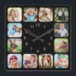 Modern Photo Personalized Black Acrylic Wall Clock<br><div class="desc">Modern personalized keepsake wall clock with simple clean lines featuring white numbers on a black background and twelve rounded squares holding your favorite photos of family,  pets,  travels or other special memories.</div>