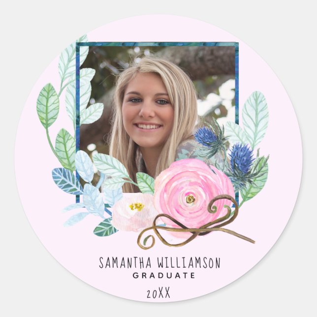Modern Photo Personalized Floral Graduation Classic Round Sticker (Front)