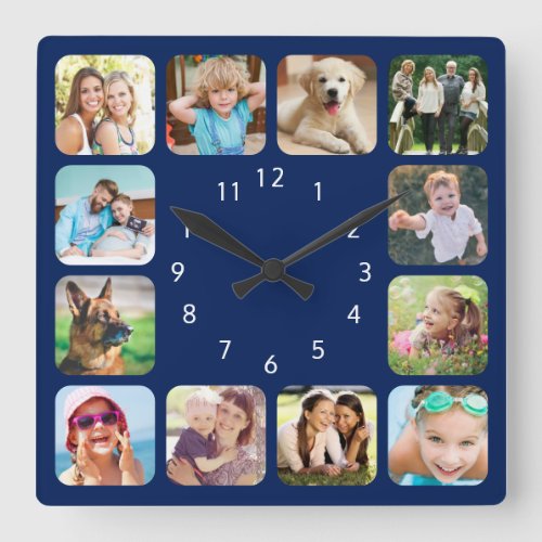 Modern Photo Personalized Navy Blue Square Wall Clock