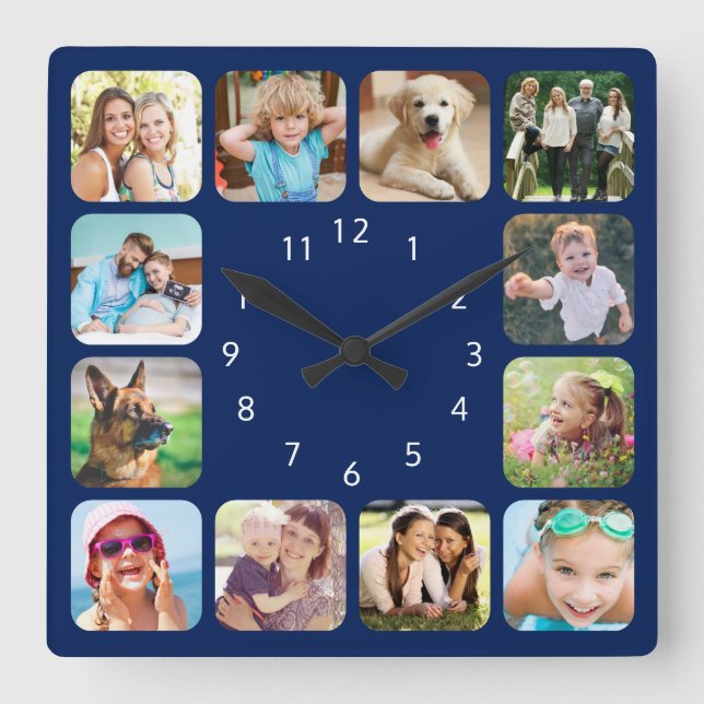 Modern Photo Personalized Navy Blue Square Wall Clock (Front)