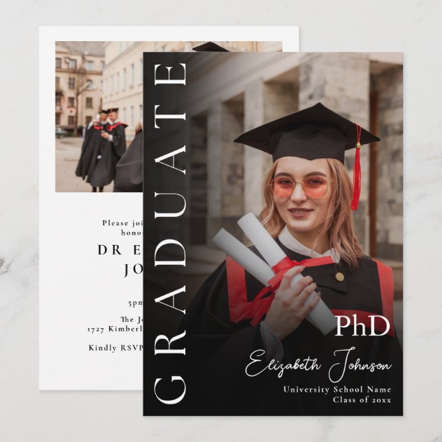 Modern Photo PhD Degree Graduation Party Invitation (Front/Back)
