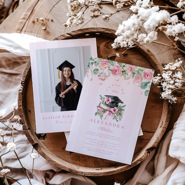 Modern  Photo Pink Floral Graduation Invitation (Creator Uploaded)