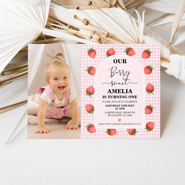 Modern Photo Pink Gingham Berry Sweet 1st Birthday Invitation (Girl's pink gingham pattern and strawberries berry sweet themed 1st birthday invitation with photo)