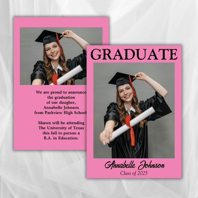 Modern Photo Pink Graduation Announcement (Creator Uploaded)