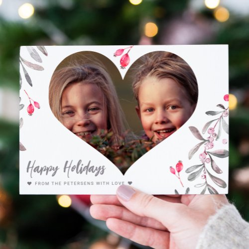 Modern photo pink holly berries Happy Holidays Holiday Card