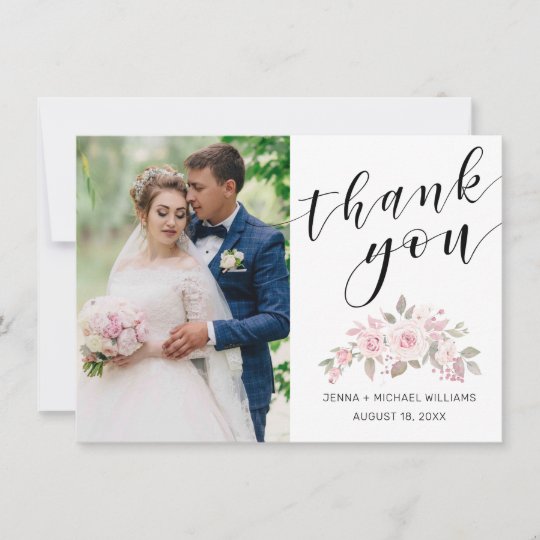 Modern Photo Pink Rose Floral Black Script Wedding Thank You Card ...