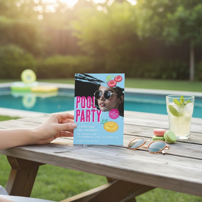modern  photo Pool Party Birthday QR Code RSVP Invitation (Creator Uploaded)