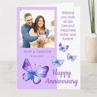 Modern Photo Purple Blue Butterflies Anniversary  Card
