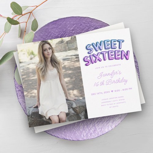 Modern Photo Purple Blue White Balloons Sweet 16  Invitation