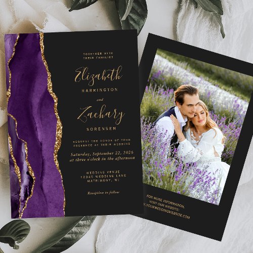 Modern Photo Purple Gold Agate Dark Wedding Invitation