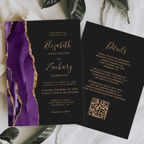 Modern Photo Purple Gold Agate Dark Wedding Invitation