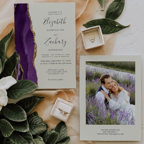 Modern Photo Purple Gold Agate Ivory Wedding Invitation