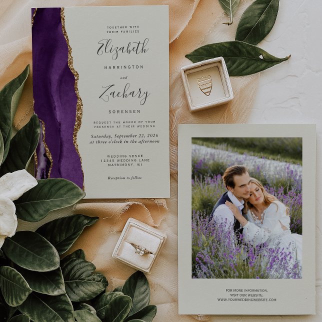 Modern Photo Purple Gold Agate Ivory Wedding Invitation (Creator Uploaded)