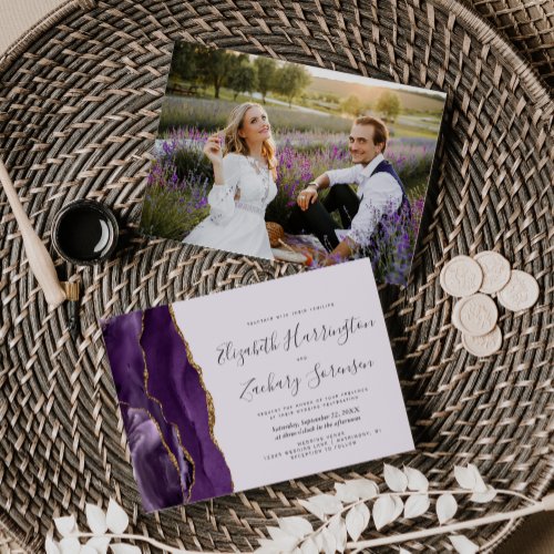 Modern Photo Purple Gold Agate Lavender Wedding Invitation