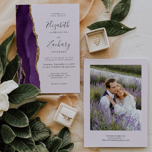 Modern Photo Purple Gold Agate Lavender Wedding Invitation