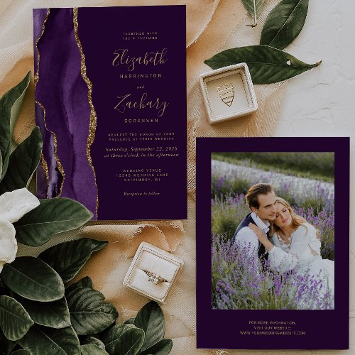 Modern Photo Purple Gold Agate Plum Wedding Invitation