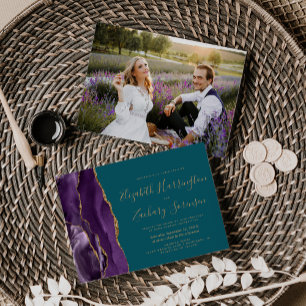 Modern Photo Purple Gold Agate Teal Wedding Invitation