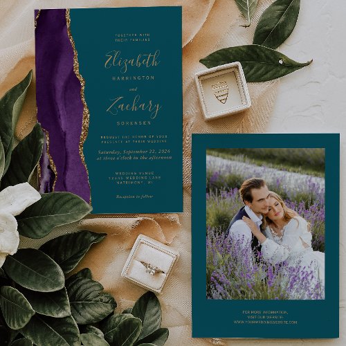 Modern Photo Purple Gold Agate Teal Wedding Invitation